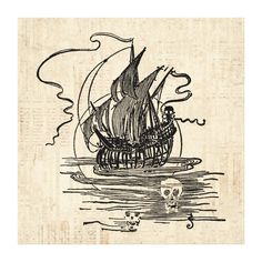 an ink drawing of a pirate ship in the ocean with skull bones on it's side