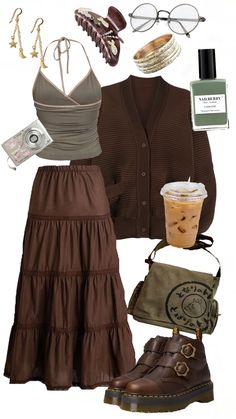 Boho brown outfit inspo #ootd #boho #brown #green #outfit #earth #inspo Brown Sun Dress, Eathy Girl Outfits, Cardigan Boho Outfit, Soft Brown Clothes Aesthetic, Boho Outfits For Winter, 90s Bohemian Style, Chubby Earthy Outfits, Green And Brown Outfits For Women