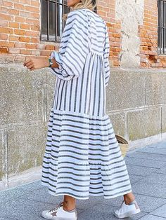 Casual Bateau/boat Neck Long Sleeve Weaving Dress Long Sleeve Striped Maxi Dress For Summer, Striped Long Sleeve Maxi Dress For Summer, Striped Long Sleeve Maxi Dress For Vacation, Long Sleeve Striped Midi Beach Dress, Striped Long Sleeve Midi Dress For Beach, Weaving Dress, Doctor Dress, Boat Neck Long Sleeve, Loose Clothing