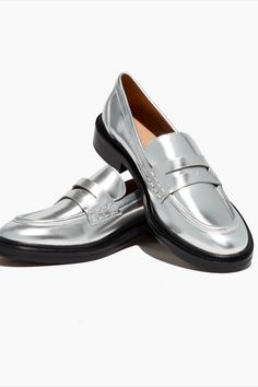 Silver Leather Loafers For Work, Spring Patent Leather Loafers With Low Heel, Patent Leather Low Heel Loafers For Fall, Classic Silver Loafers For Spring, Silver Classic Loafers For Spring, Modern Spring Loafers With Brogue Detailing, Silver Round Toe Loafers For Work, Classic Silver Loafers For Formal Wear, Classic Silver Loafers For Formal Occasions