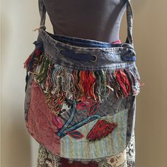 Hand Cut And Sewn Designs. Interior Pocket And Black Cotton Lining. 13” High 13.5” Wide Bohemian Style Bag, Artsy Bag, Handbag Ideas, Adventure Bags, Denim Bags, Denim Handbags, Bohemian Bags, Bag Art, Halloween Food