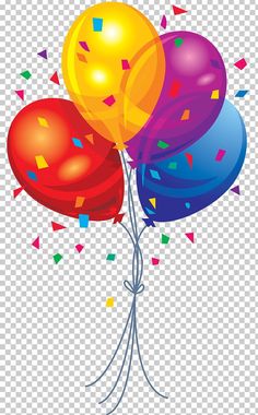 three balloons with confetti and streamers in the air, on a transparent background