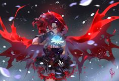 an anime character with red hair and wings holding a crystal ball in her hand, surrounded by snow