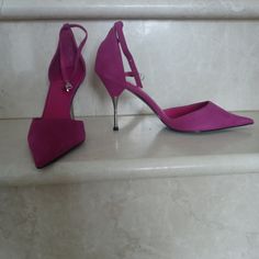 New Ankle Strap Stilettoes In A Fuchsia Hue In Suede. Beautiful Metal Heels. Pink Ankle Strap Kitten Heels For Evening, Elegant Pink Kitten Heels With Ankle Strap, Pink Kitten Heels With Heel Strap For Party, Pink Open Toe Kitten Heels For Party, Pink Open Heel Kitten Heels For Evening, Pink Fitted Kitten Heels For Evening, Fitted Pink Kitten Heels For Evening, Pink 4-inch Kitten Heels For Evening, Pink Open Heel Kitten Heels For Formal Occasions