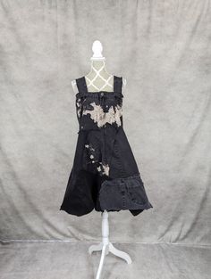 Upcycled bleached black denim patchwork dress with frayed seams and jagged hem. Wide shoulder straps for added comfort. Bust measures 36" and length is approximately 38"-44". This dress is flowy and loose fitting in the body. Super comfortable! Denim Patchwork Dress, Patchwork Dress, Denim Patchwork, Dress Clothes For Women, Black Denim, Shoulder Straps, The Body, Bleach, Dress Outfits