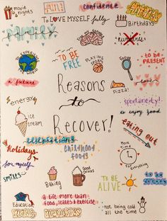 a poster with words written on it that say reason to recovery and other things in the background