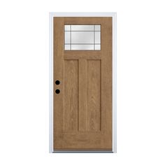 a wooden door with glass panels on the top and bottom panel, against a white background