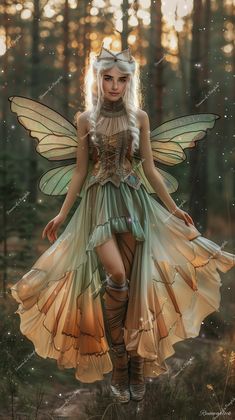 a woman dressed as a fairy standing in the woods with her hands on her hips