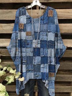 Material: Cotton Blends Style: Casual/Daily/Boho Pattern Type: Plaid Denim Blue Patchwork Tops For Summer, Medium Wash Denim Patchwork Top, Ropa Upcycling, Upcycled Jeans, Shabby Chic Clothes, Linen Bottoms, Denim Projects, Japanese Dress, Denim Crafts