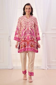 Cream silk linen blend kurta with multi-colored mughal art embroidery. Comes with pant. - Aza Fashions Printed Silk Kurta For Festive Occasions, Festive Printed Silk Kurta, Festive Multicolor Embroidered Printed Sets, Traditional Printed Chanderi Kurta, Mughal Art, Women Kurta, Art Embroidery, Straight Kurta, Silk Linen