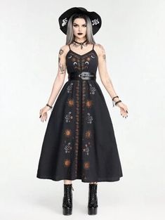 Free Returns ✓ Free Shipping✓. ROMWE Goth Dark Vintage Gothic Star & Moon Embroidered Women Cami A-Line Dress For Summer- Women Apparel at SHEIN. Cottagecore Goth Outfits, Goth Summer Dress, Lawyer Chic, Goth Librarian, Halloween Dress For Women, Hippy Goth, Wyrd Sisters, 60s Vintage Fashion, Hippie Goth