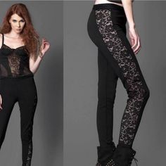 Widow Hi Waist Lace Side Pants Nwt S Bin 334 Stretch Pants With Lace Trim For Night Out, Black Lace Trim Pants For Party, Fitted Bottoms With Lace Trim For Fall, Gothic Stretch Bottoms For Night Out, High Waist Stretch Pants With Lace Trim, Gothic Tight Bottoms For Night Out, Casual Party Bottoms With Lace Trim, Gothic High Waist Stretch Pants, Casual Fitted Bottoms With Lace Trim