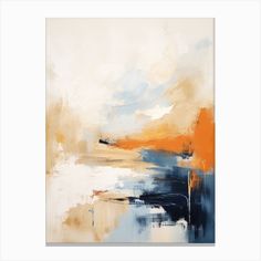 an abstract painting with blue, orange and white colors on it's canvas frame