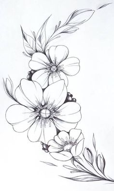 a drawing of flowers with leaves on the side and one flower in the middle is black and white