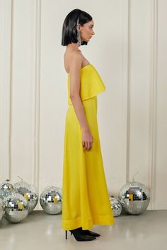 Yellow A-line dress in satin base with straight neckline. - Aza Fashions Euphoria Dress, Yellow Satin, Straight Neckline, Women Dresses, Aza Fashion, Satin Dresses, Dresses Maxi, A Line Dress, A Line