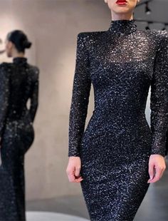 Mermaid Black Dress Evening Gown Sparkle & Shine Dress Formal Cocktail Party Floor Length Long Sleeve High Neck Sequined with Sequin 2024 Mermaid Black Dress, Black Dress Evening, Party Floor, Shine Dress, Cool Dresses, Sequin Evening Dress, Formal Cocktail Party, Gown Elegant, Dinner Dress Classy