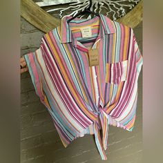 New With Tags, Light Beachy Stylesoft Cropped Sleeve Button Down Striped Shirt With Tie Knot Bottom..Smoke Free Home! Bohemian Multicolor Shirt For Vacation, Bohemian Striped Tops For Vacation, Summer Bohemian Collared Top, Bohemian Collared Summer Top, Striped Collared Beach Top, Striped Button-up Beach Shirt, Striped Collared Tops For Beach, Striped Collared Top For The Beach, Bohemian Summer Shirt With Button Closure