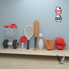 there are many different types of sports equipment on the shelf in front of the wall