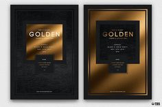 two black and gold brochures with the word golden on them, one is folded in