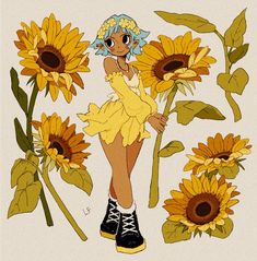 a drawing of a girl with sunflowers in front of her