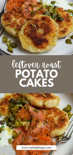 two plates with different types of food on them and the words, leftover roast potato cakes