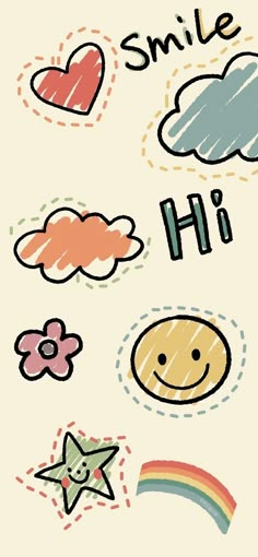 a drawing of different types of clouds and stars on a white background with the words smile hi