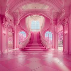 a pink room with stairs leading up to the ceiling and large windows on either side