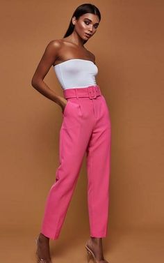 This flat front ankle pants features a high-belted waist with zippered fly and FRONT pockets. Comes in four fab colors from which to choose and made with a polyester blend for easy care. Pair with your favorite heels or booties. Pink High Waisted Pants, Spring Trousers, Female Pants, Polyester Pants, Tapered Trousers, Rose Rouge, Straight Trousers, Trench Coats Women, Type Of Pants