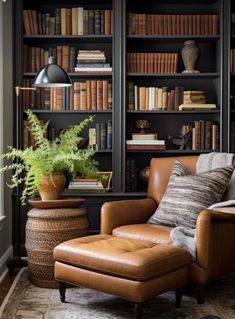 a living room filled with lots of bookshelves next to a chair and ottoman