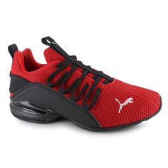 PUMA Axelion Two-Tone Red Dynamic Mesh Running Shoes, Dynamic Red Mesh Running Shoes, Red Dynamic Mesh Sneakers, Dynamic Red Mesh Sneakers, Red Mesh Sneakers For Running, Mesh Basketball Shoes For Training, Mesh Basketball Shoes For Training In Athleisure Style, Mesh Basketball Training Shoes In Athleisure Style, Athleisure Mesh Basketball Shoes For Training