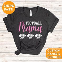 Celebrate your pride as a football mama with our custom t-shirt! This design features "Football Mama" along with multiple footballs, each personalized with your players' numbers and names underneath. We can do as many numbers and names as you would like. Perfect for moms with multiple football stars, this shirt combines style and personalization. Crafted from soft, high-quality fabric, it offers comfort for cheering at games or casual wear. It's a heartfelt way to showcase your support for your Customizable T-shirt For Football Season, Football Season Fan Apparel T-shirt With Name Print, Football Season Fan Apparel T-shirt With Custom Print, Customizable Black T-shirt For Football Season, Custom Print Football Season Fan T-shirt, Customizable Casual T-shirt For Football Season, Football Season Sports Fan T-shirt With Custom Print, Football Season Letter Print T-shirt, Black T-shirt With Name Print For Football Season