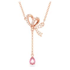 Volta Y pendant, Bow, Pink, Rose gold-tone plated | Swarovski Bow Necklace, Swarovski Necklace, Clear Crystals, Swarovski Jewelry, Romantic Gift, Rose Gold Necklace, Pink Crystal, The Rose, Cute Jewelry