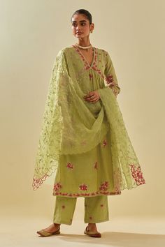 Green anarkali featuring floral silk applique clustered motifs embellished with sequins. Comes with embellished pant, scalloped hem dupatta and inner slip. - Aza Fashions Green Anarkali, Pant Set For Women, Silk Organza, Scalloped Hem, Green Silk, Pant Set, Set For Women, Anarkali, Aza Fashion