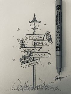 a pencil drawing of a sign post with many different signs on it and a lamppost in the background