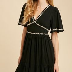 Beautiful V Neck Mini Dress Features Intricate Floral Embroidery, Hidden Zipper, And Full Lining. Fits True To Size Comes In Either Black Or Taupe Contents: Self: 100% Rayon | Lining: 100% Polyester V-neck Dresses With Embroidered Hem For Brunch, V Neck Summer Dress, Long Sleeve Silk Dress, Cute Sundress, V Neck Mini Dress, Dress With Embroidery, Summer Linen Dresses, Silk Floral Dress, V Neck Midi Dress