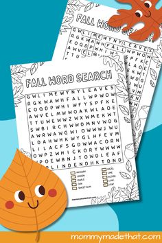 two fall word search pages with an orange leaf on the left and a blue background