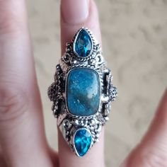 Brand New Handmade Huge Neon Blue Apatite And Faceted Blue Topaz Silver Statement Ring. Size 6.75 - 7 925 Stamped New To Poshmark? Use Referral Code Kimberlyn222 To Receive $10. Cowgirl Ring, Dragons Breath Fire Opal, Ring Party Jewelry, Paw Ring, Handmade Gold Ring, Tanzanite Diamond Ring, Beautiful Wedding Rings, Fire Opal Ring, Silver Dragon