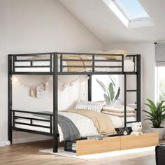 a loft bed is shown in the corner of a room with white walls and wooden floors