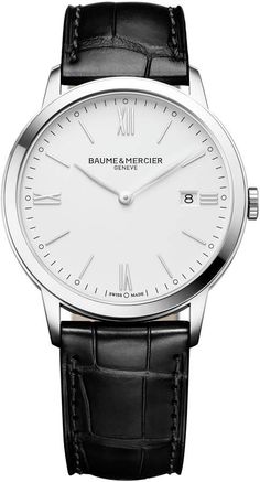 Baume & Mercier Classima Leather Strap Watch, 40mm Sleek Watch, Swiss Automatic Watches, Everyday Watch, Baume Mercier, Expensive Watches, Luxury Watches For Men, White Dial, Swiss Watches, Stainless Steel Watch