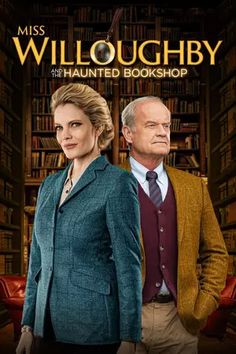 two people standing in front of bookshelves with the title miss willoughy and the