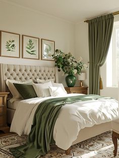 a bedroom with a large bed and green curtains