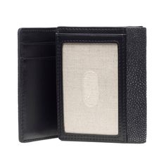 Feast your eyes on Evan. This slick men’s tri-fold is crafted with genuine leather throughout. The outside is a beautiful showcase of genuine shagreen and the interior is trimmed with smooth Napa leather. The wallet’s inside is home to pockets that are perfect for holding credit cards and more, with a traditional wider pocket for holding bills. Evan has a photo ID window on the inside as well that is kissed with linen lining and is finished with a plastic overlay protector. This handsome wallet, Formal Trifold Wallet With Card Slots, Formal Trifold Wallet With Interior Card Slots, Luxury Black Trifold Wallet With Coin Pocket, Elegant Business Trifold Wallet With Leather Lining, Modern Leather Trifold Wallet, Formal Trifold Card Holder With Coin Pocket, Luxury Everyday Trifold Wallet, Luxury Trifold Wallet For Formal Use, Luxury Trifold Wallet For Everyday Use