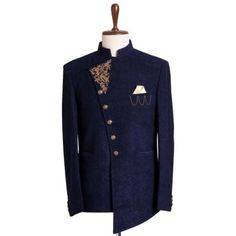 Blue Embroidered Angle Cut Luxury Suit 11 Elegant Traditional Wear With Floral Embroidery For Reception, Elegant Embroidered Sets For Winter, Elegant Embroidered Winter Sets, Designer Blazer With Gold Embroidery For Formal Occasions, Elegant Unstitched Suit With Gold Embroidery, Elegant Bandhgala With Gold Embroidery For Formal Events, Intricate Embroidery Fitted Suits For Ceremony, Festive Fitted Blazer With Intricate Embroidery, Fitted Suits With Intricate Embroidery For Formal Occasions