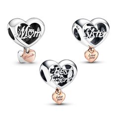 Treat your bestie, your sister or your mom to a beautiful representation of the bond you share. From Pandora, the Love You Sister Heart Charm and Love You Best Friend Heart Charm are both two-toned in sterling silver and 14k rose gold-plating with a smaller heart dangling from the bottom with the engraving "Love You." The Thank You Mom Heart Charm features openwork design with "Mom" on the front and "Thank you for being there" on the back, and double hearts attached to the bottom with "Love" and Mother's Day Gift Charms, Elegant Charms For Anniversary And Mother's Day, Heart-shaped Charms For Mother's Day Anniversary, Engraved Charms For Anniversary, Anniversary Rose Gold Sterling Silver Charms, Silver Charms For Friendship On Valentine's Day, Heart Pendant Charms For Anniversary And Mother's Day, Heart-shaped Charms For Anniversary And Mother's Day, Sterling Silver Jewelry For Mother's Day