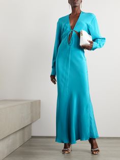 Christopher Esber's 'Triquetra' maxi dress is made from silk-satin with alluring cutouts across the bodice. The front is secured with ties that wrap into a feminine bow. Elevate the floor-pooling length with high heels. Wrap Dress Long Sleeve, Blue Silk Dress, Blue Clothing, Christopher Esber, Prussian Blue, Grey Maxi Dress, Exclusive Dress, Satin Maxi, Satin Maxi Dress