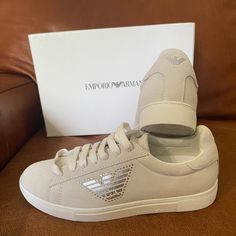 Emporio Armani Women Off White Suede Ace Sneakers X3x104 Size Eu 37/ Us 6m X3x104 Ho010 Color: Off White Condition Is "New With Box". Elegant Lace-up Sneakers With White Sole, Lace-up Sneakers With Textured Sole, Elegant Lace-up Sneakers With Textured Sole, White Luxury Suede Sneakers, Luxury White Suede Sneakers, Elegant Lace-up Sneakers With Perforations, Elegant Low-top Leather Sole Sneakers, Elegant Low-top Sneakers With Leather Sole, Elegant Low-top Sneakers With Textured Sole