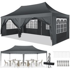 a large black tent with tables and chairs under it, next to an image of the inside