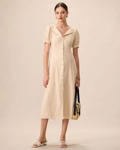 Women's Apricot Puff Sleeve Cotton Midi Dress & Reviews - Apricot - Dresses | RIHOAS Apricot Dress, Puff Sleeve Midi Dress, Cotton Midi Dress, Sleeve Midi Dress, Feminine Look, Everyday Dresses, Womens Midi Dresses, Sleeve Cotton, Fabric Cotton