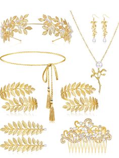 PRICES MAY VARY. Abundant Decoration Packs: 9 pieces ancient vintage Greek roman style hair accessories in total, including 1 tassel dress belts, 1 gold leaf crown, 1 pearl hair comb, 2 gold leaves hair clips, 2 gold leaves bracelet, 1 pair of pearl earring and 1 beautiful necklace, a nice costume accessory that will make you feel like a real Greek/ Roman empress or princess Durable Material: leaf headpiece and leaf pearl earrings are made of imitation pearls and the gold tone alloy bracelet is Greek Gold Jewelry, Goddess Costume Accessories, Greek Goddess Jewelry, Greek Headpiece, Leaves Crown, Roman Empress, Greek Accessories, Greek Hair, Gold Leaf Crown