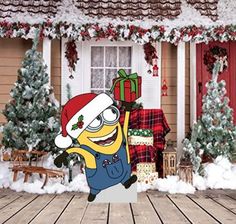 a christmas scene with a cartoon character in front of a house decorated for the holidays